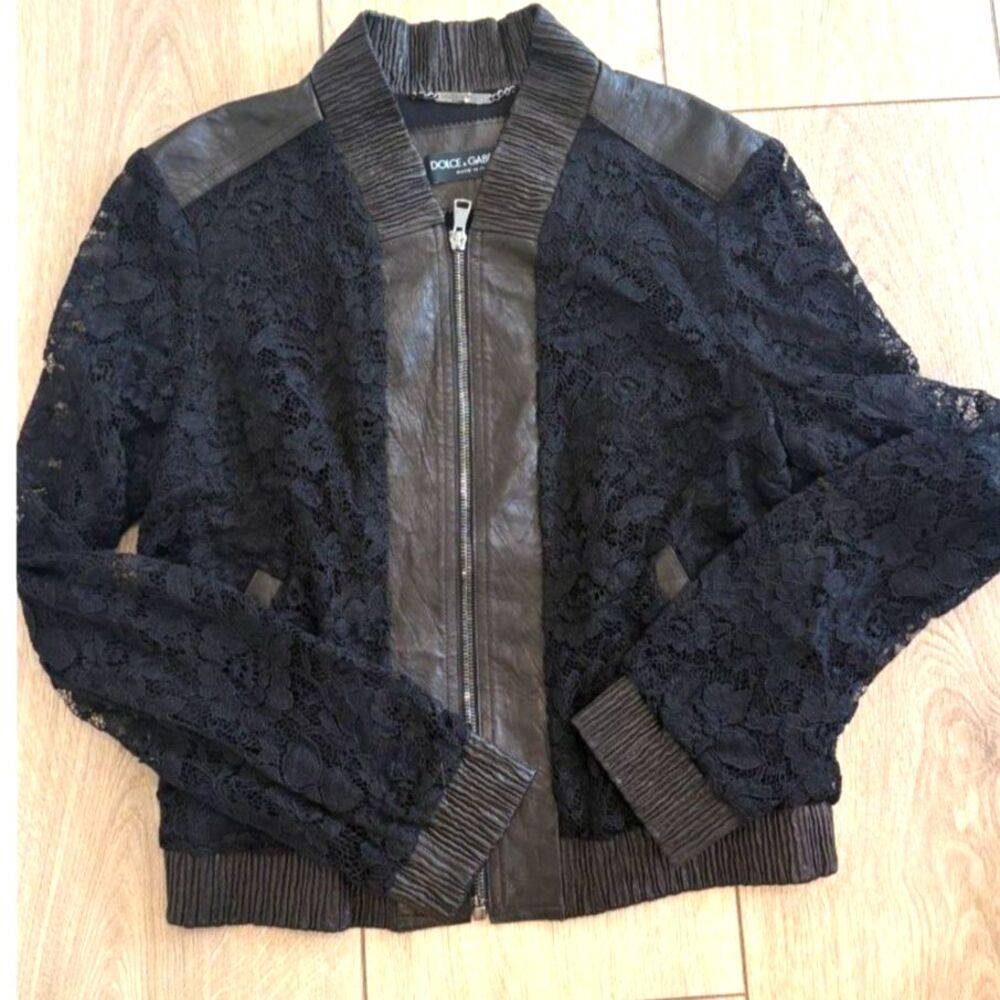Vintage Dolce & Gabbana 2000s Black Lace Leather Trim Bomber Jacket IT 44